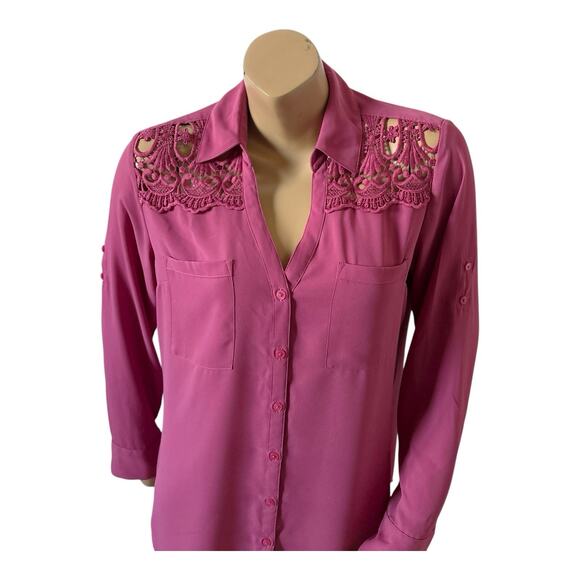 EXPRESS Womens Size Large Fuchsia Pink Convertible Portofino Button Front Shirt - Picture 5 of 9
